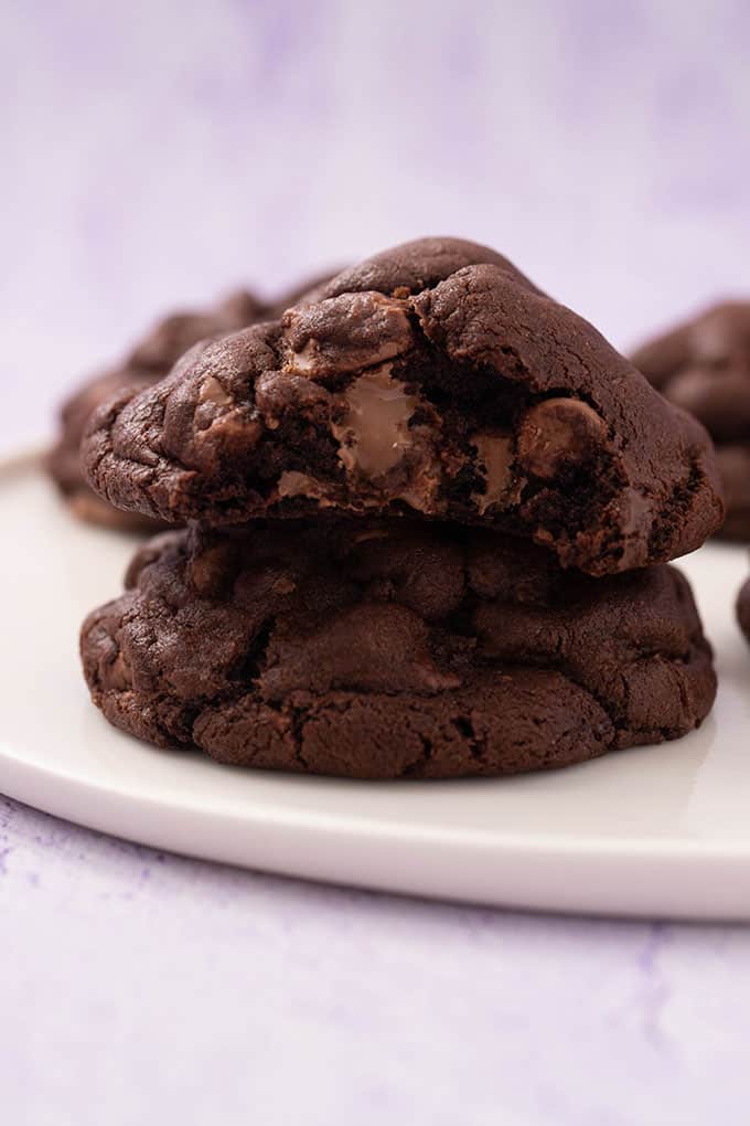 Close up of a homemade Chocolate Cookie with a bite taken out of it. 