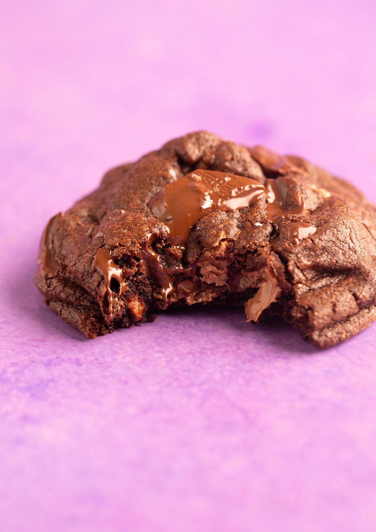 A chocolate cookies with a bite taken out of it. 
