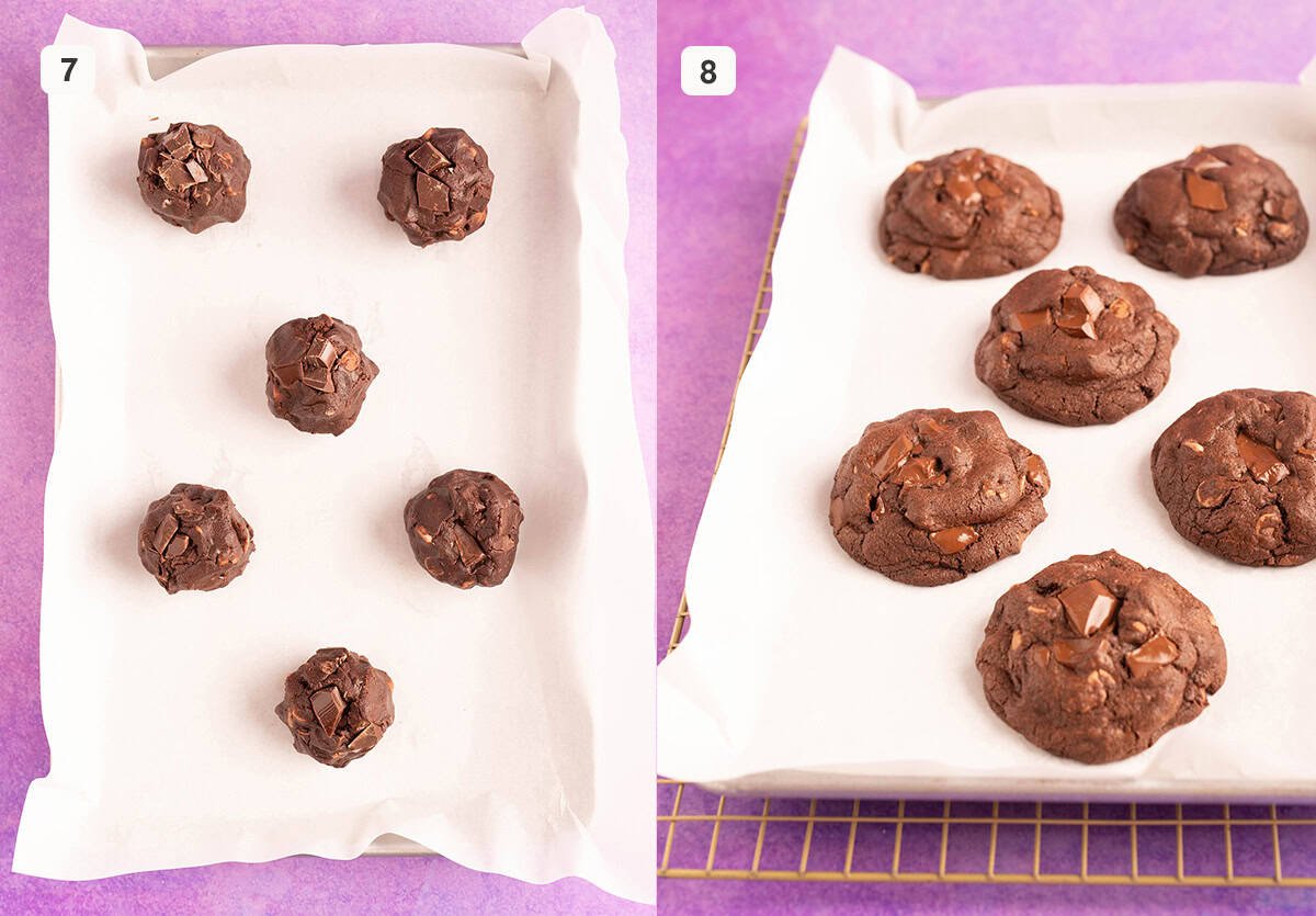 Photo tutorial showing before and after chocolate cookie dough has baked. 
