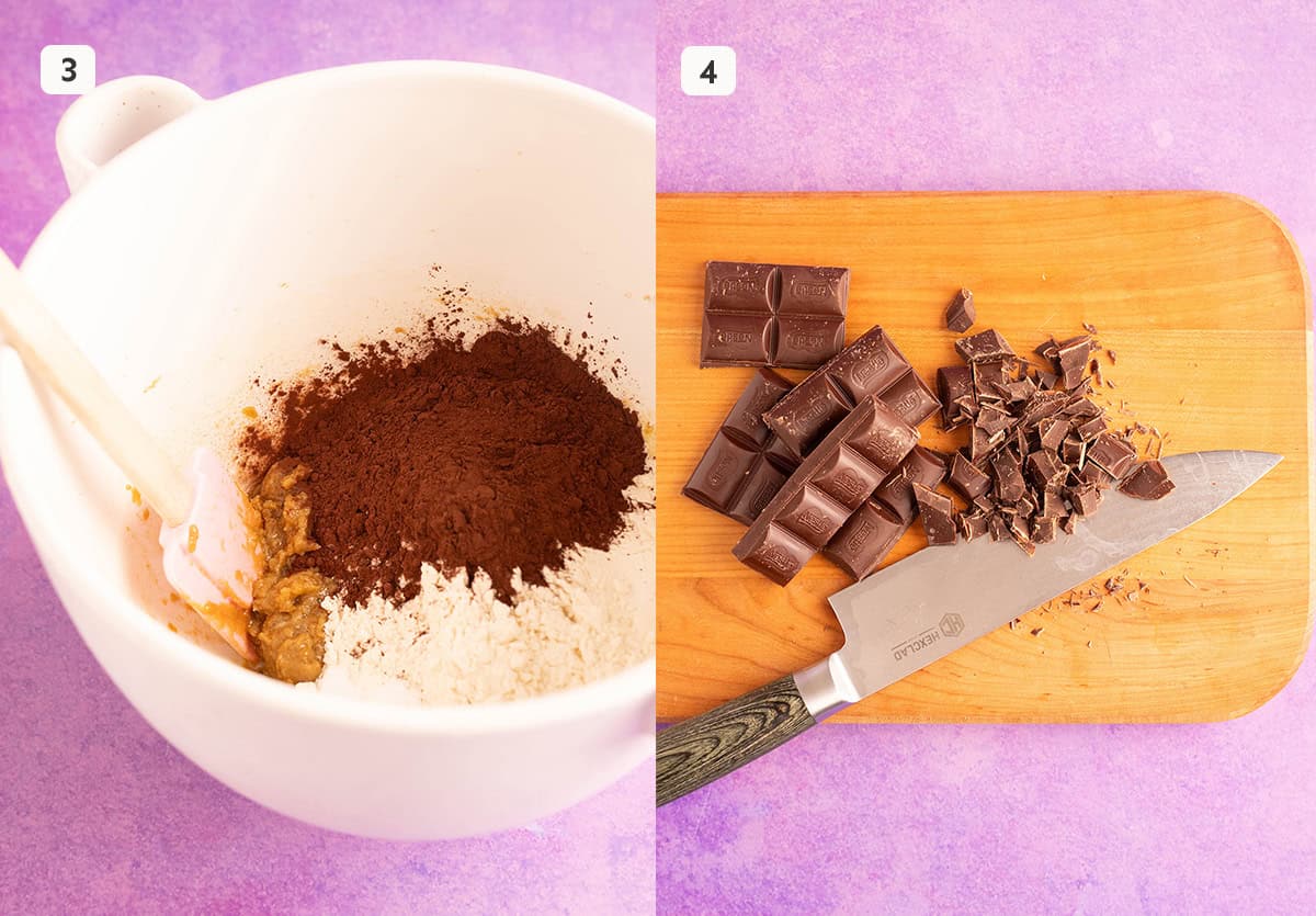Photo tutorial showing how to add dry ingredient to make chocolate cookie dough and how to chop chocolate by hand.