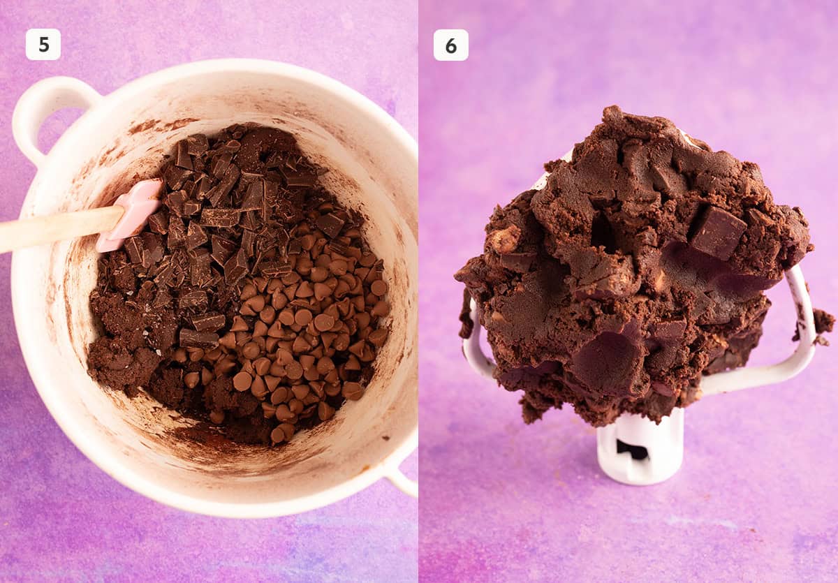Photo tutorial showing how to mix chocolate cookie dough and add chocolate. 