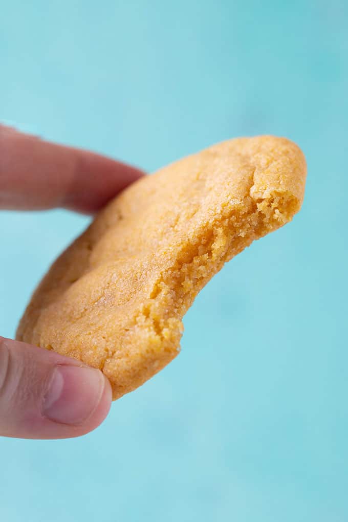 A hand holding a Cornmeal Cookie with a bite taken out of it