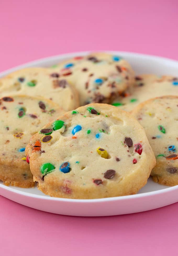 A plate of homemade Shortbread Cookies filled with mini M&M's