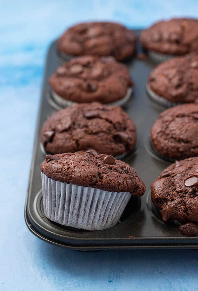A batch of Chocolate Banana Muffins on a blue background