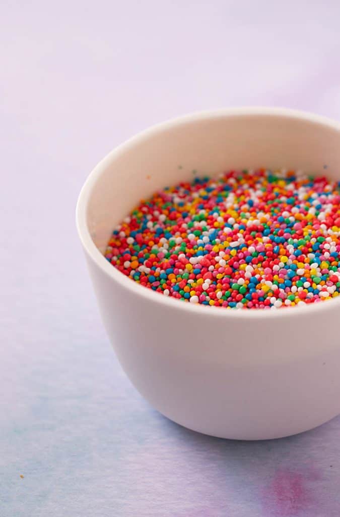 Close up of a bowl of 100's & 1000's sprinkles