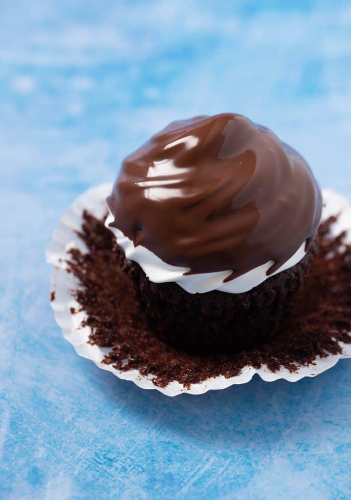 Close up of a Chocolate Marshmallow Cupcakes dipped with chocolate