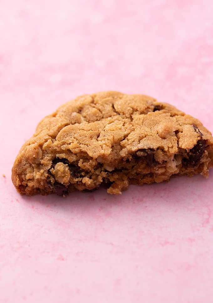 Close up shot of a Peanut Butter Oatmeal Cookie with a bite taken out of it