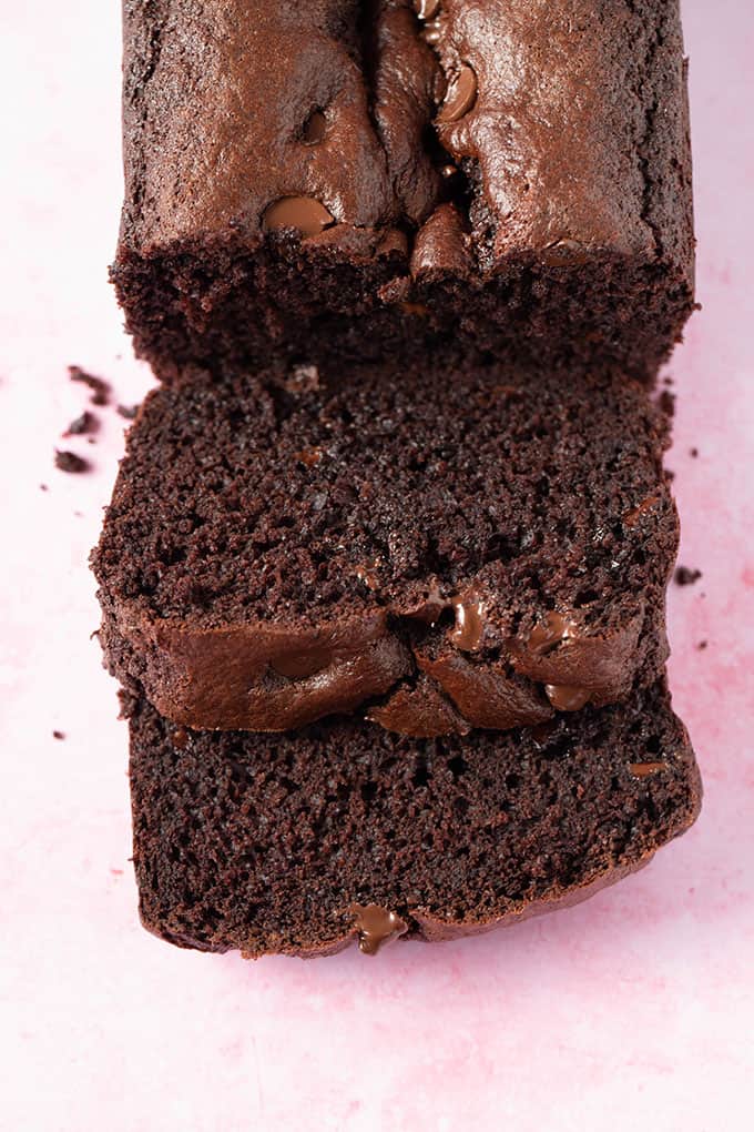 Close up of a Chocolate Bread cake cut into thick slices