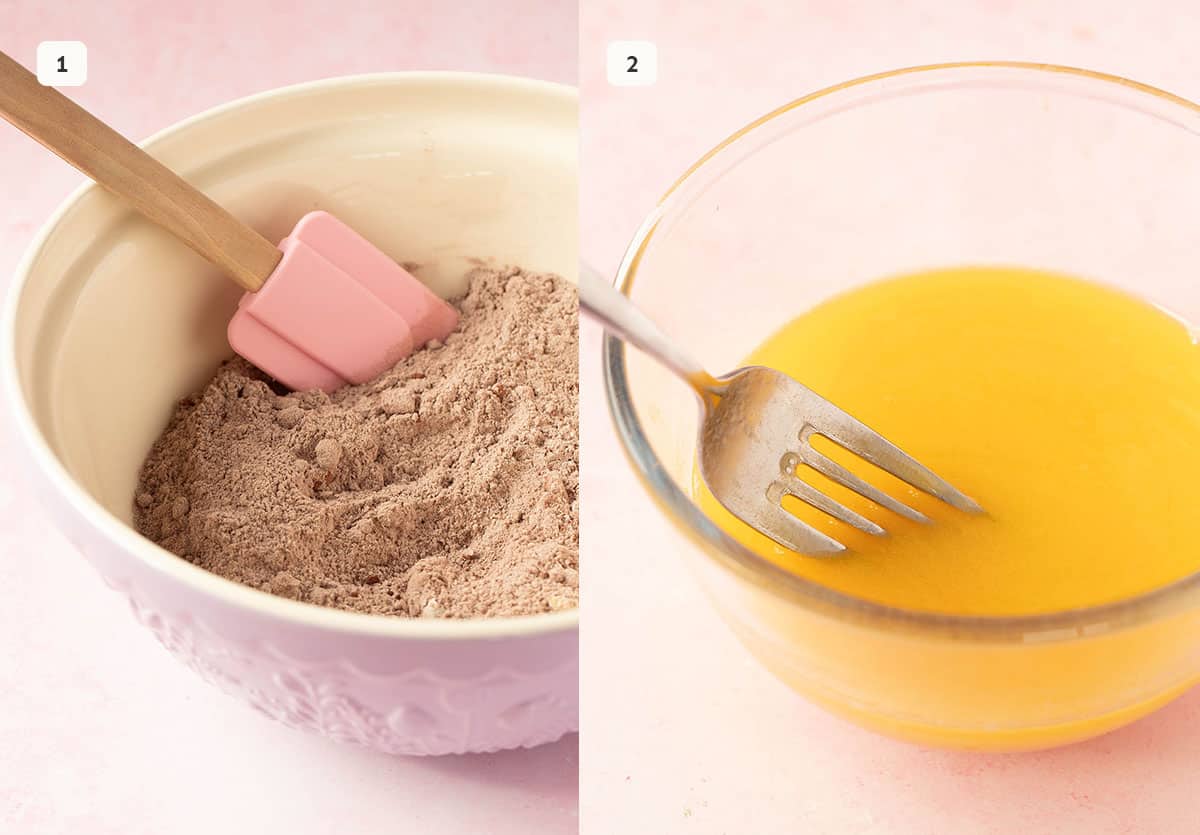 Photos showing how to mix dry ingredients for cake. 