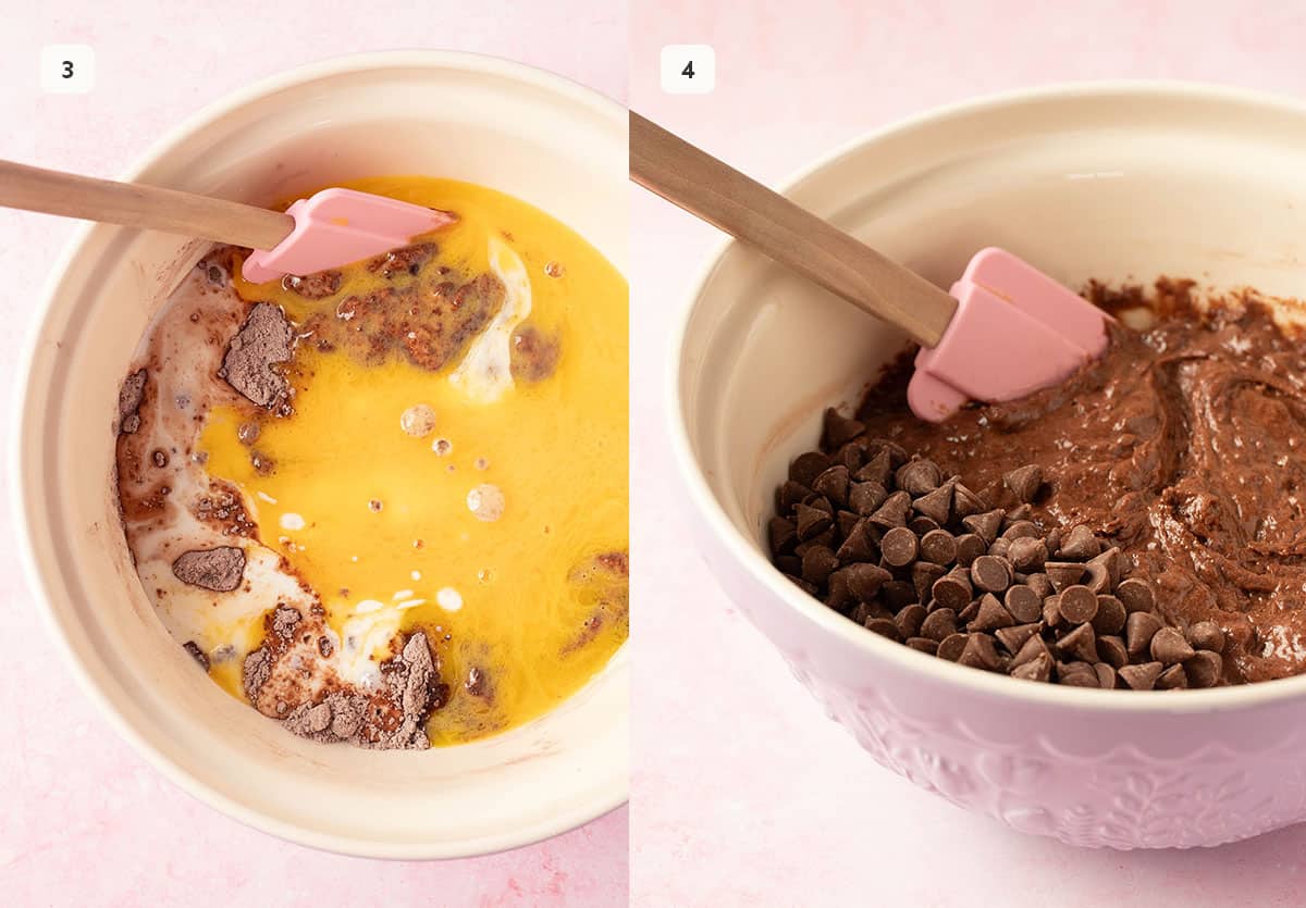 Mixing bowls showing how to mix chocolate cake batter with a spatula. 