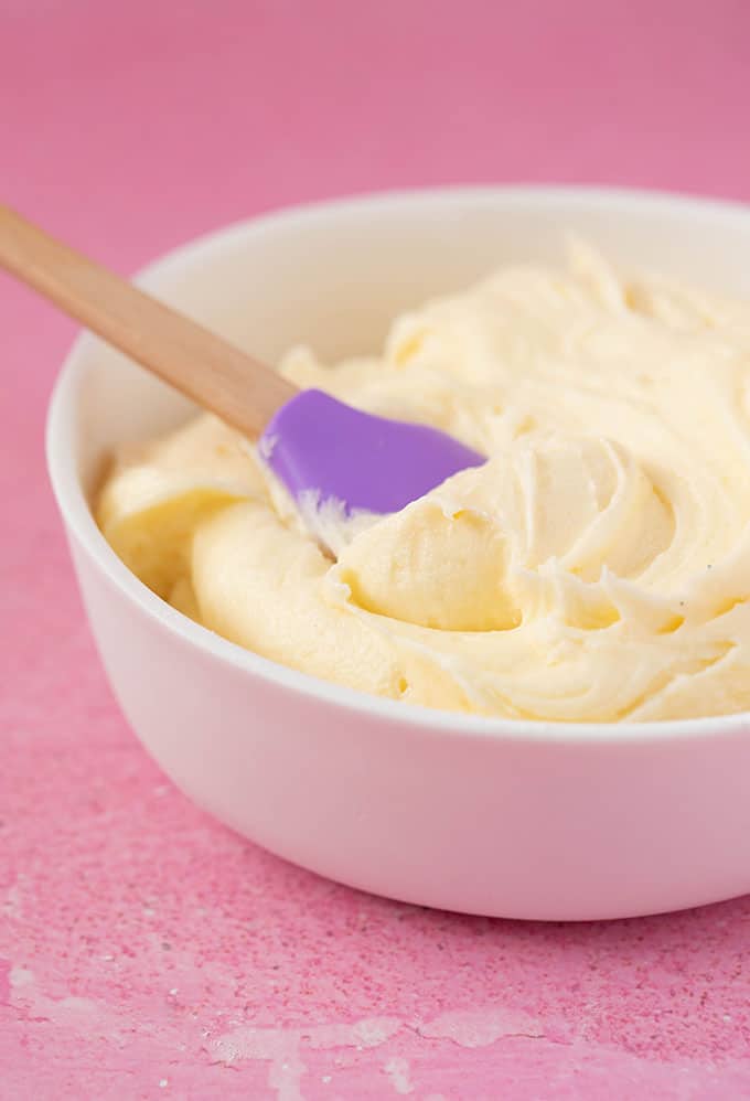 A white bowl of vanilla buttercream