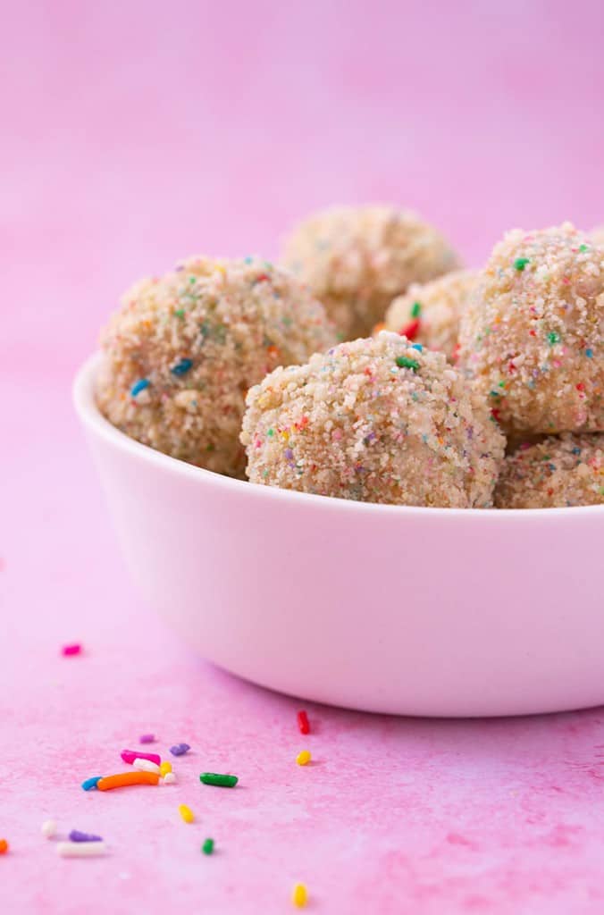 A white bowl filled with Funfetti Truffles