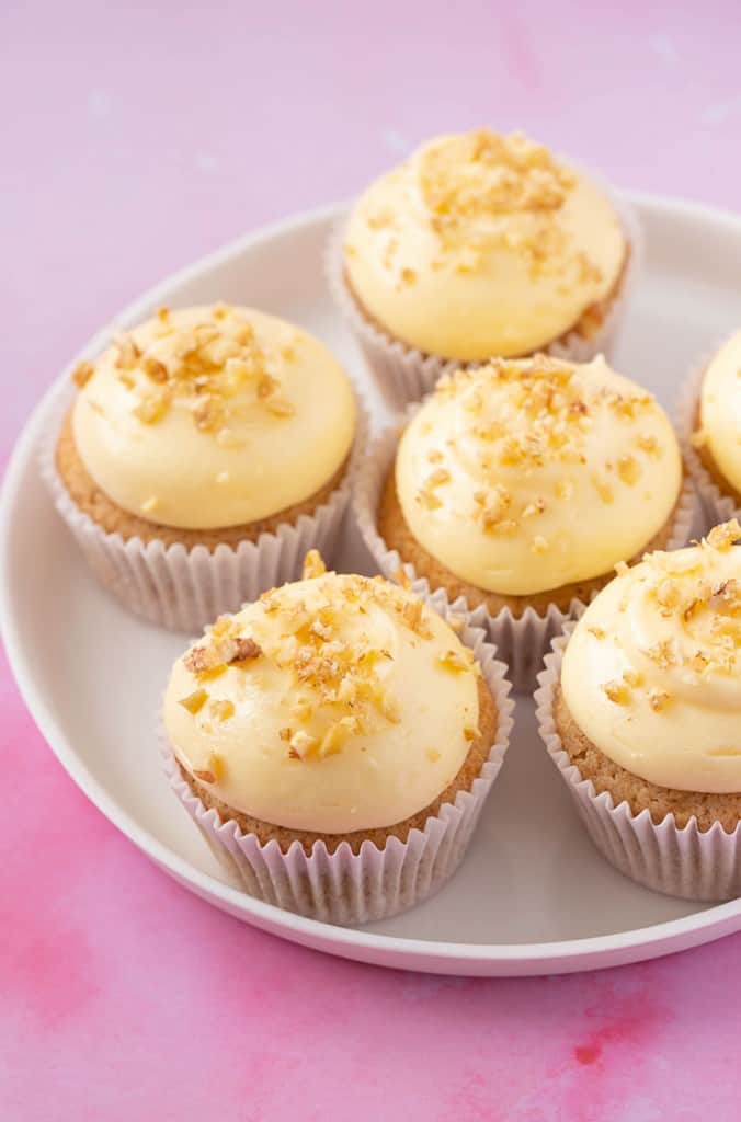 Pretty Banana Cupcakes decorated with crushed walnuts