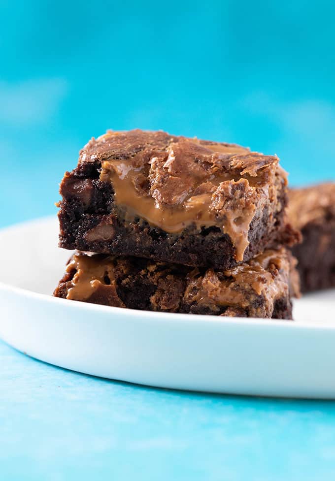 Gooey Biscoff Brownies on a white plate