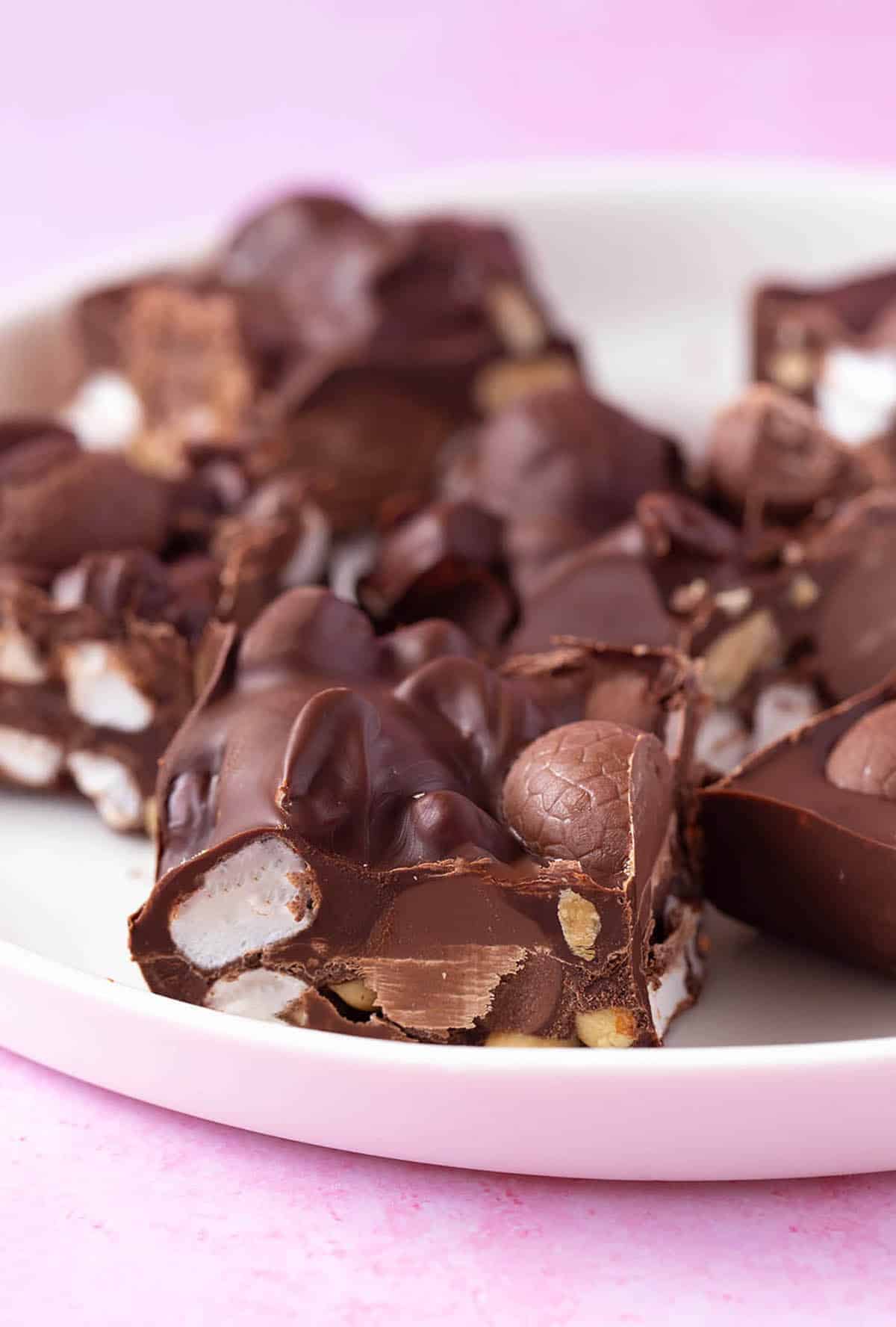 A plate filled with homemade Easter Egg Rocky Road. 