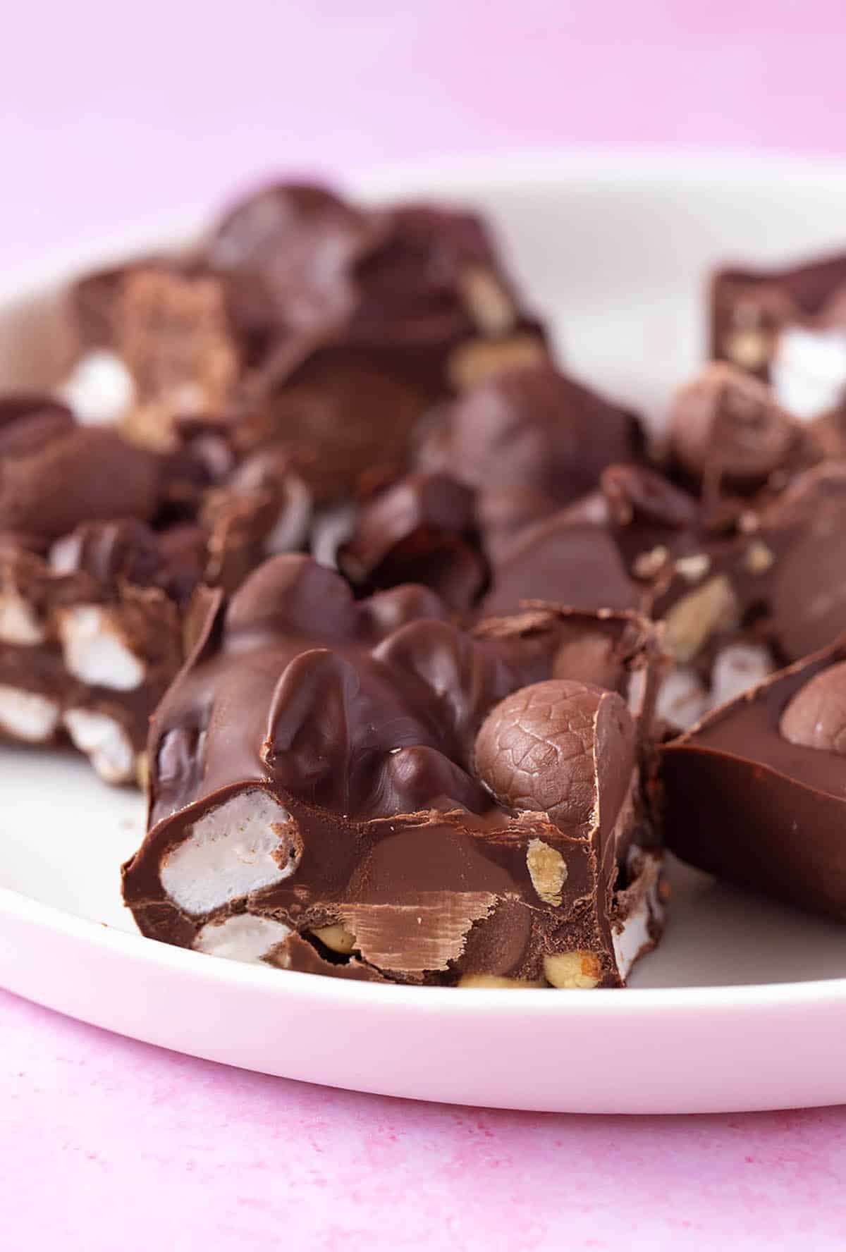 A plate filled with homemade Easter Egg Rocky Road.