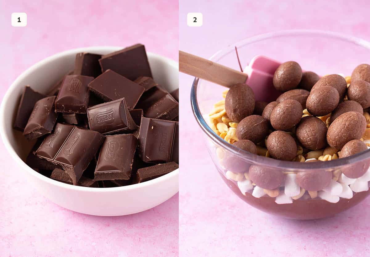 Photo tutorial showing how to stir ingredients into chocolate when making rocky road.