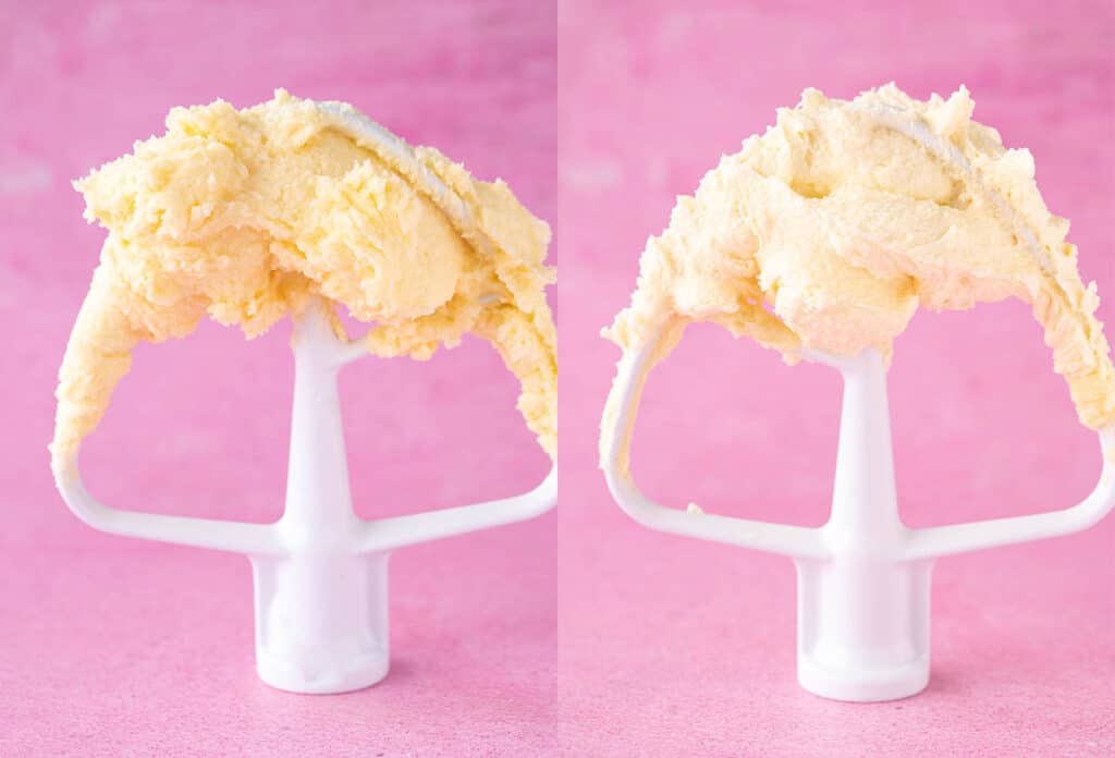 A side by side example showing butter and sugar that's been creamed correctly on a pink background.