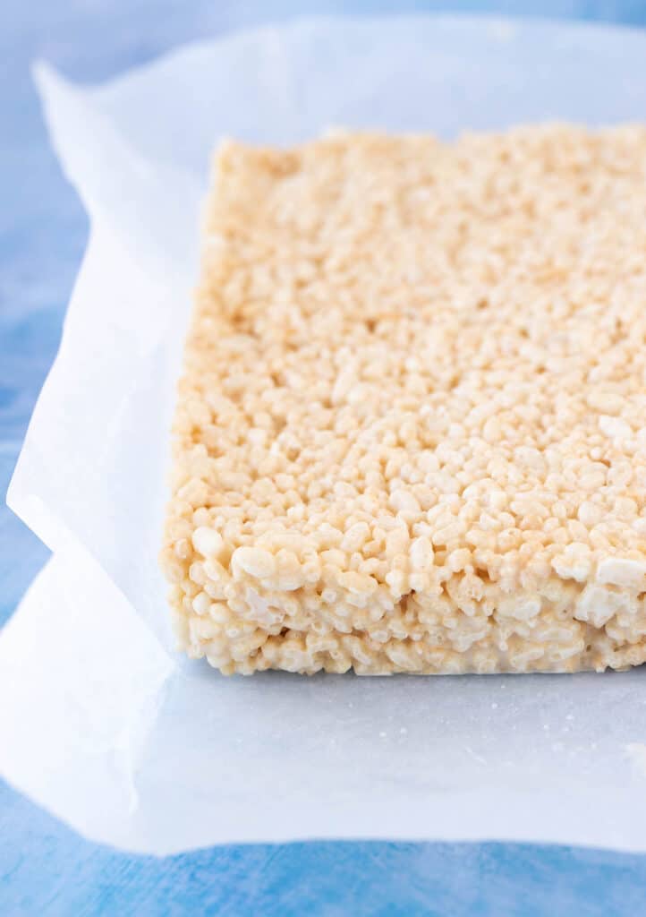 A block of Rice Krispie Treats ready to be sliced. 