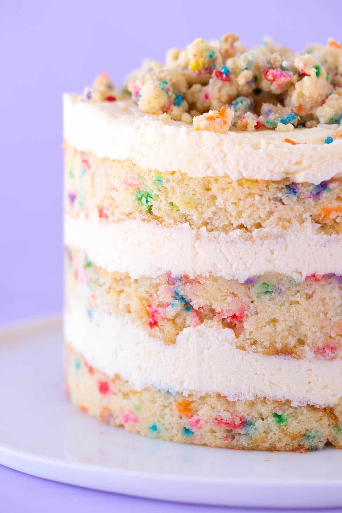 A close up of the cake layers in a homemade Milk Bar cake