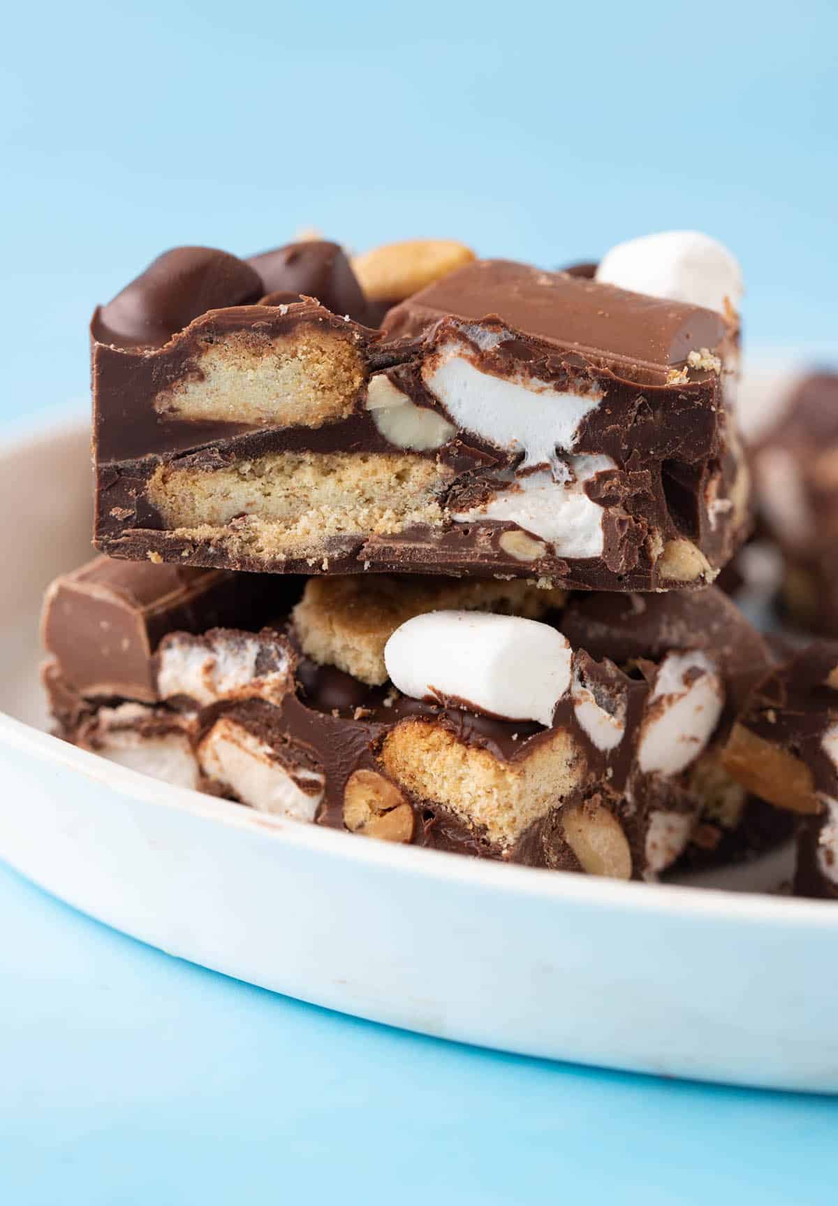 A stack on homemade Smores Rocky Road on a white plate.