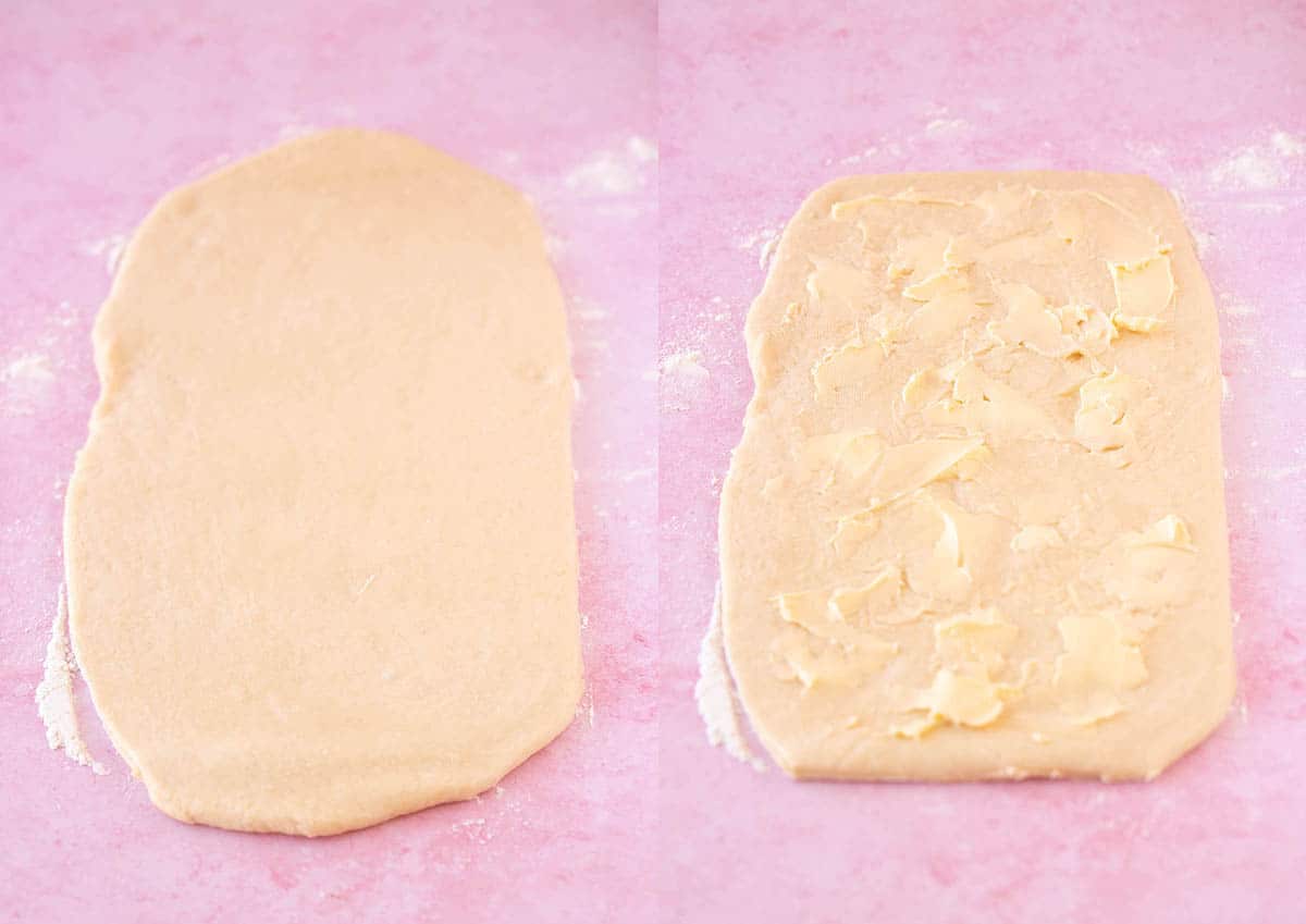 Bread dough that's rolled out and covered in butter