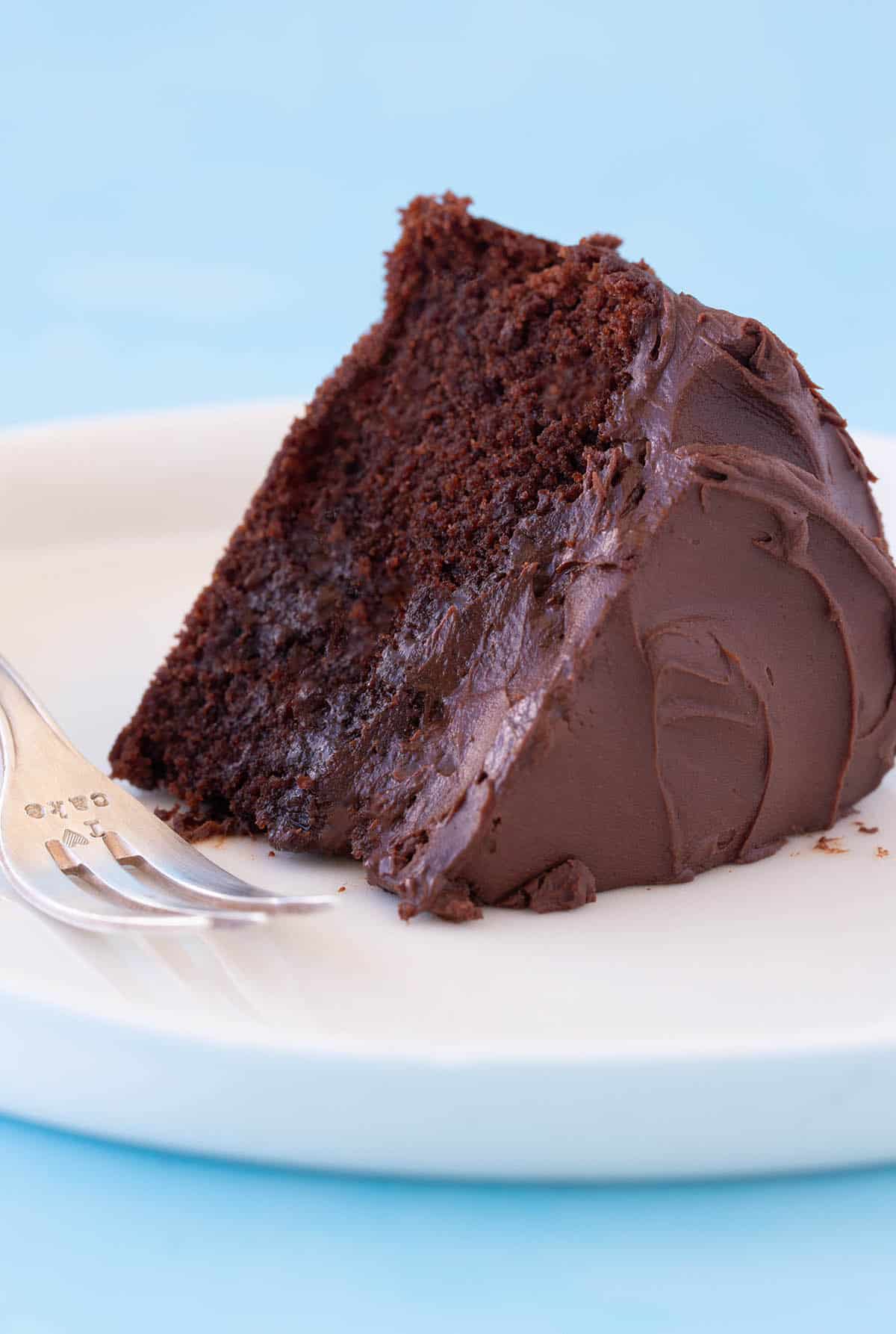 A big slice of chocolate cake topped with a thick layer of chocolate frosting sitting on a white plate