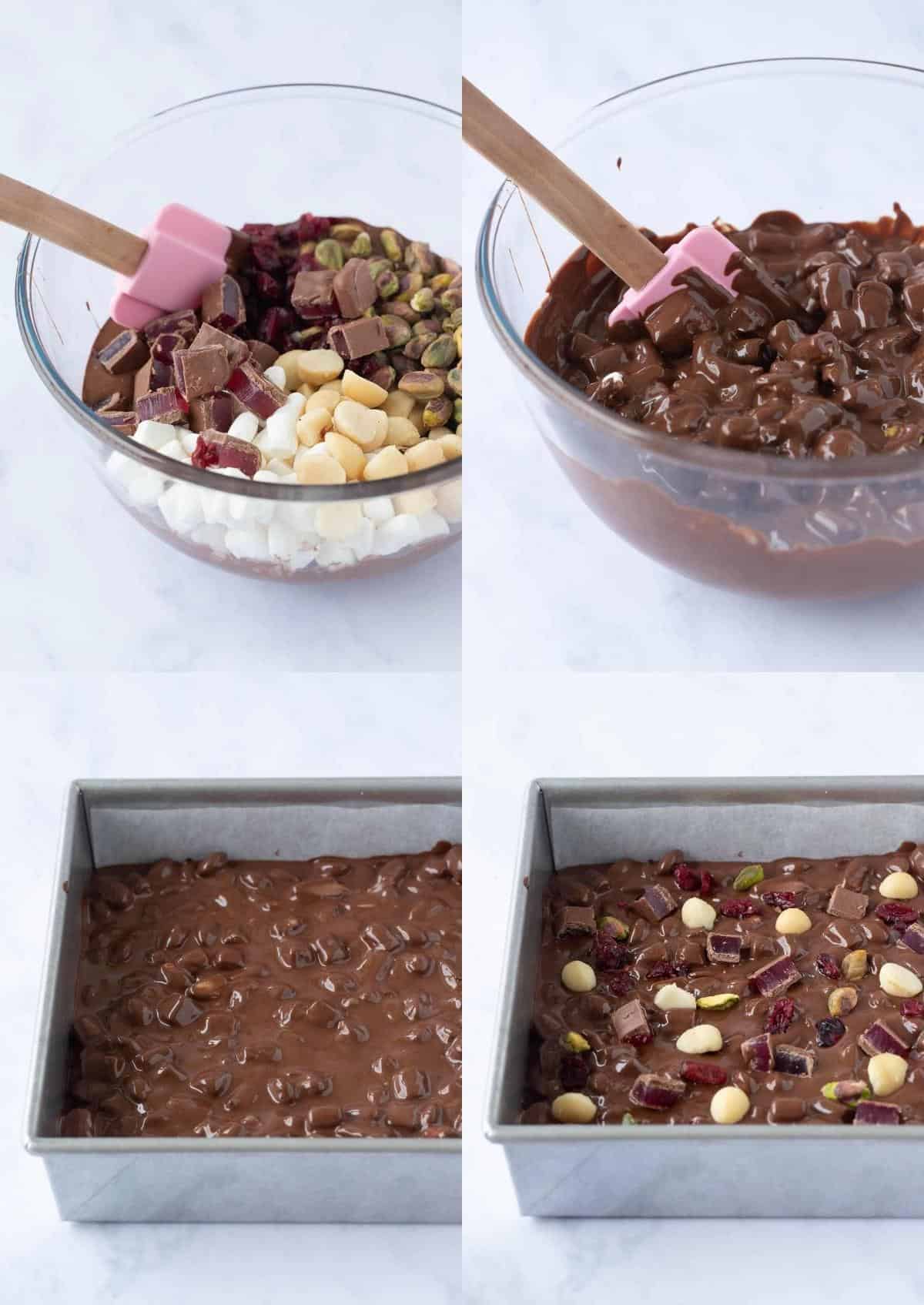 Step by step photos demonstrating how to make Christmas Rocky Road.