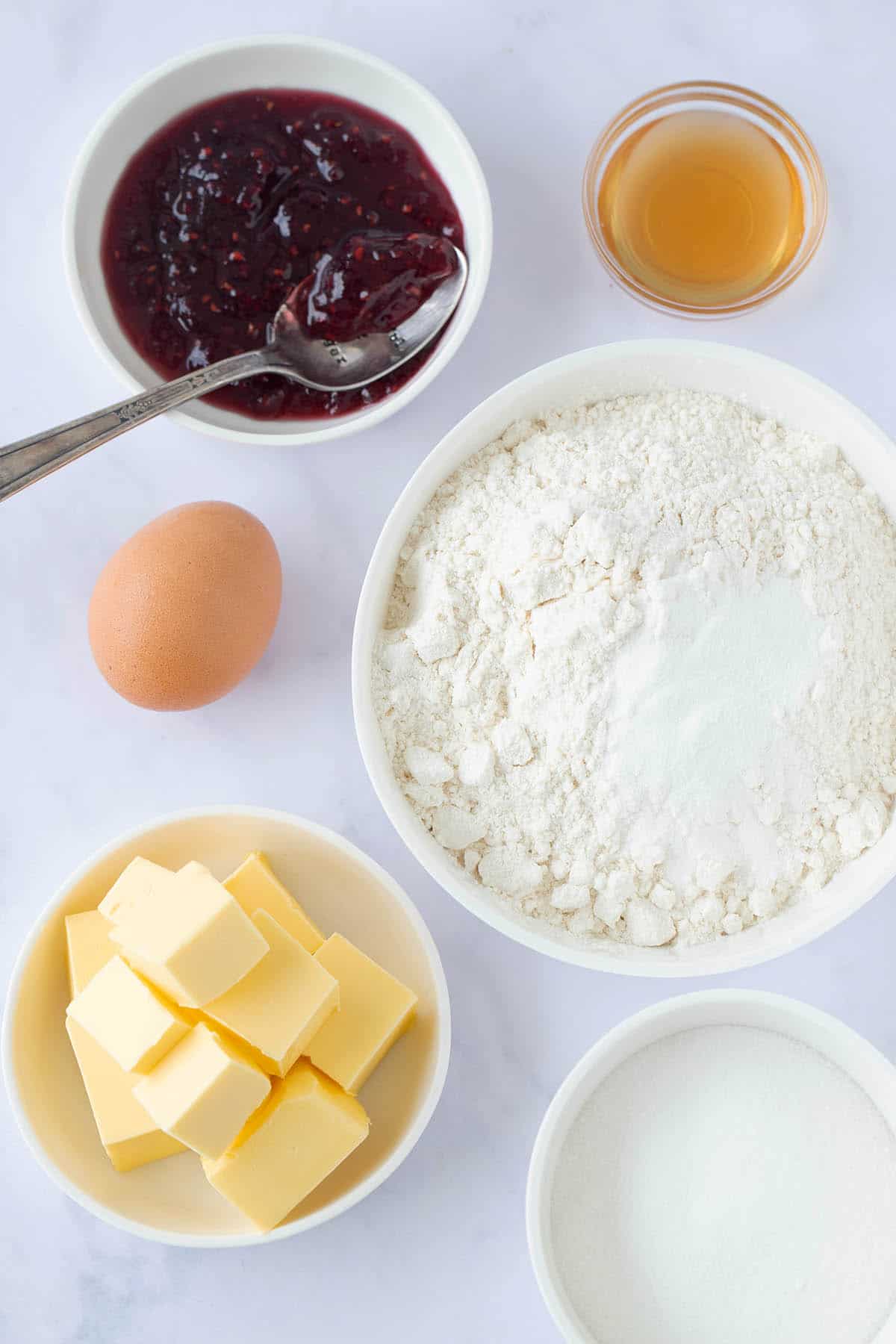 Top view of all the Ingredients needed to make thumbprint cookies 