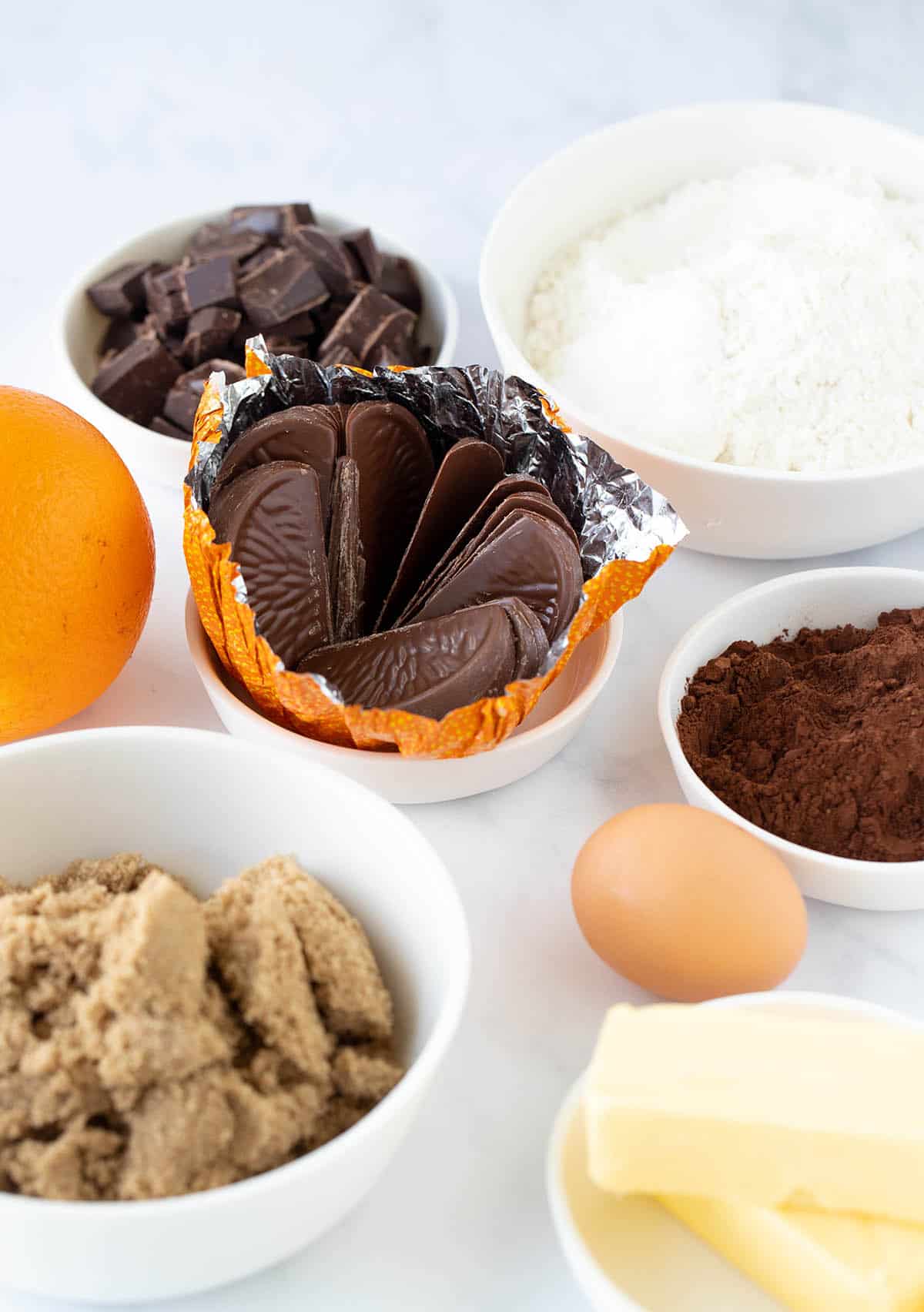 All the ingredients needed to make chocolate orange cookies prepped and ready to go. 