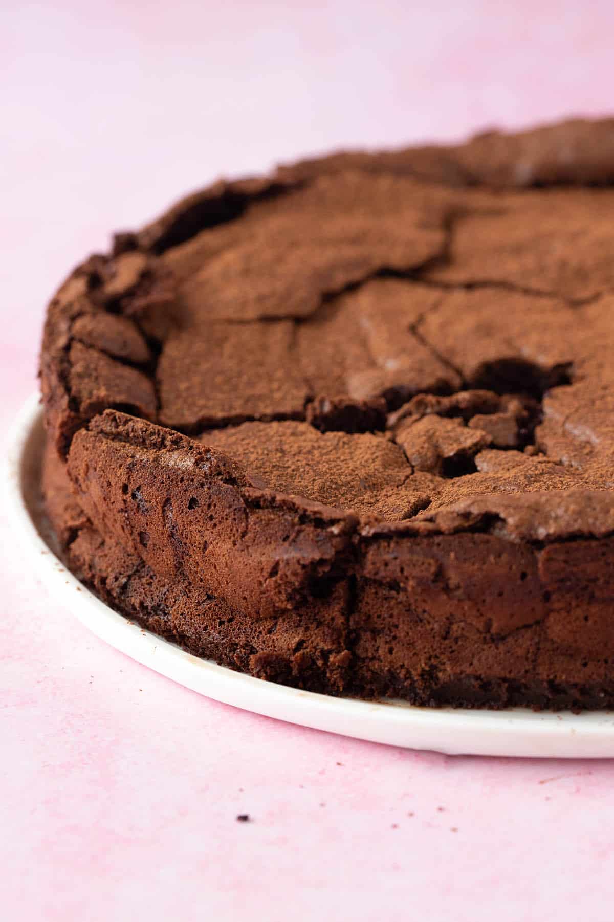 Close up of a homemade Flourless Chocolate Cake on a pink background.