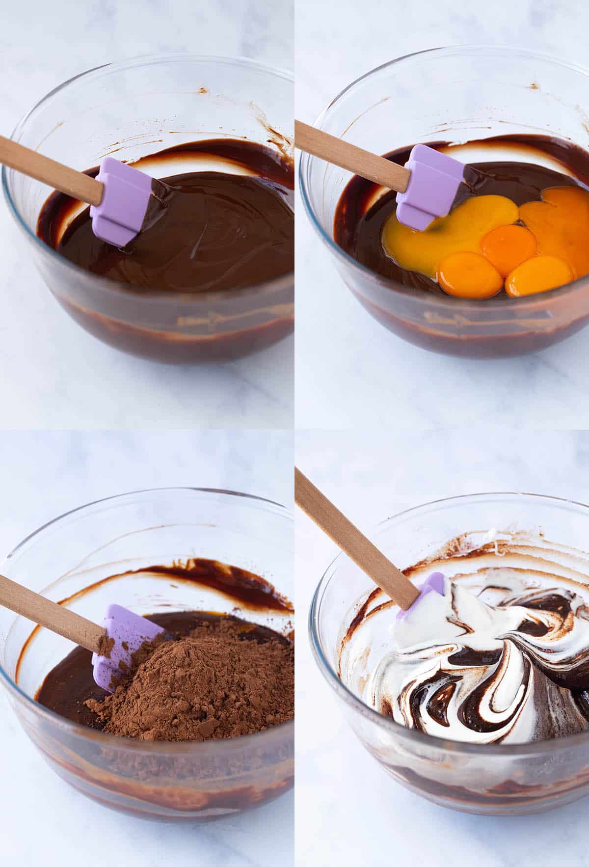 A collage of photos showing up to mix and stir chocolate batter for Flourless Chocolate Cake.