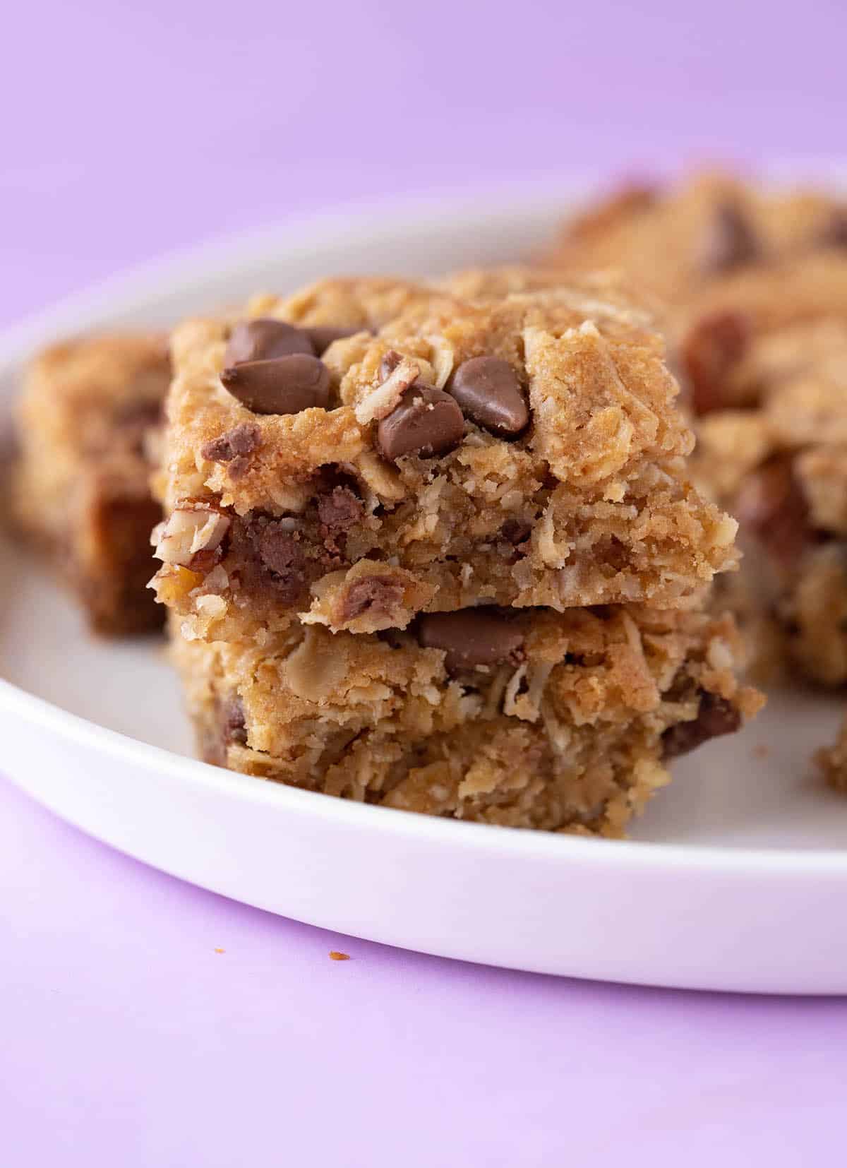 A plate filled with homemade Chewy Oat Slice.