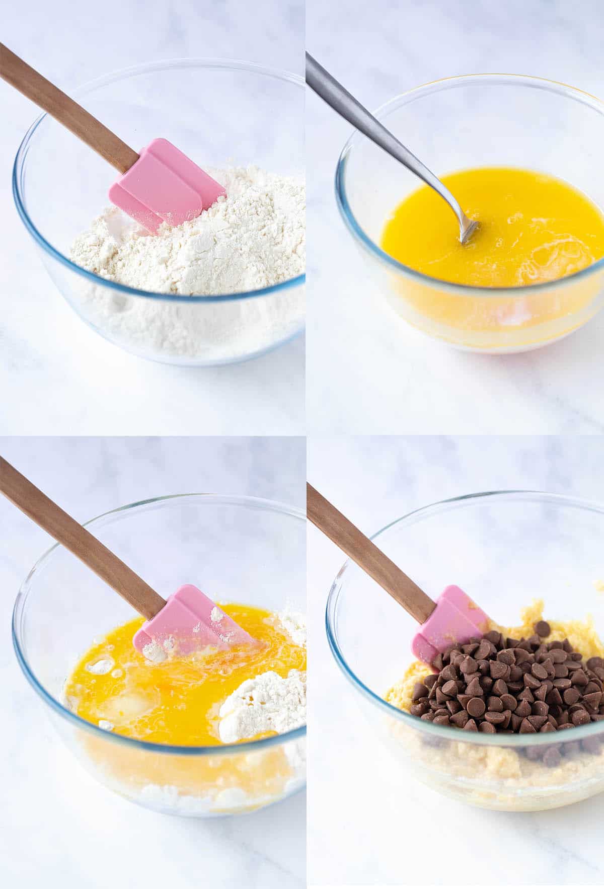 A step by step photo tutorial showing how to mix and stir muffin batter.
