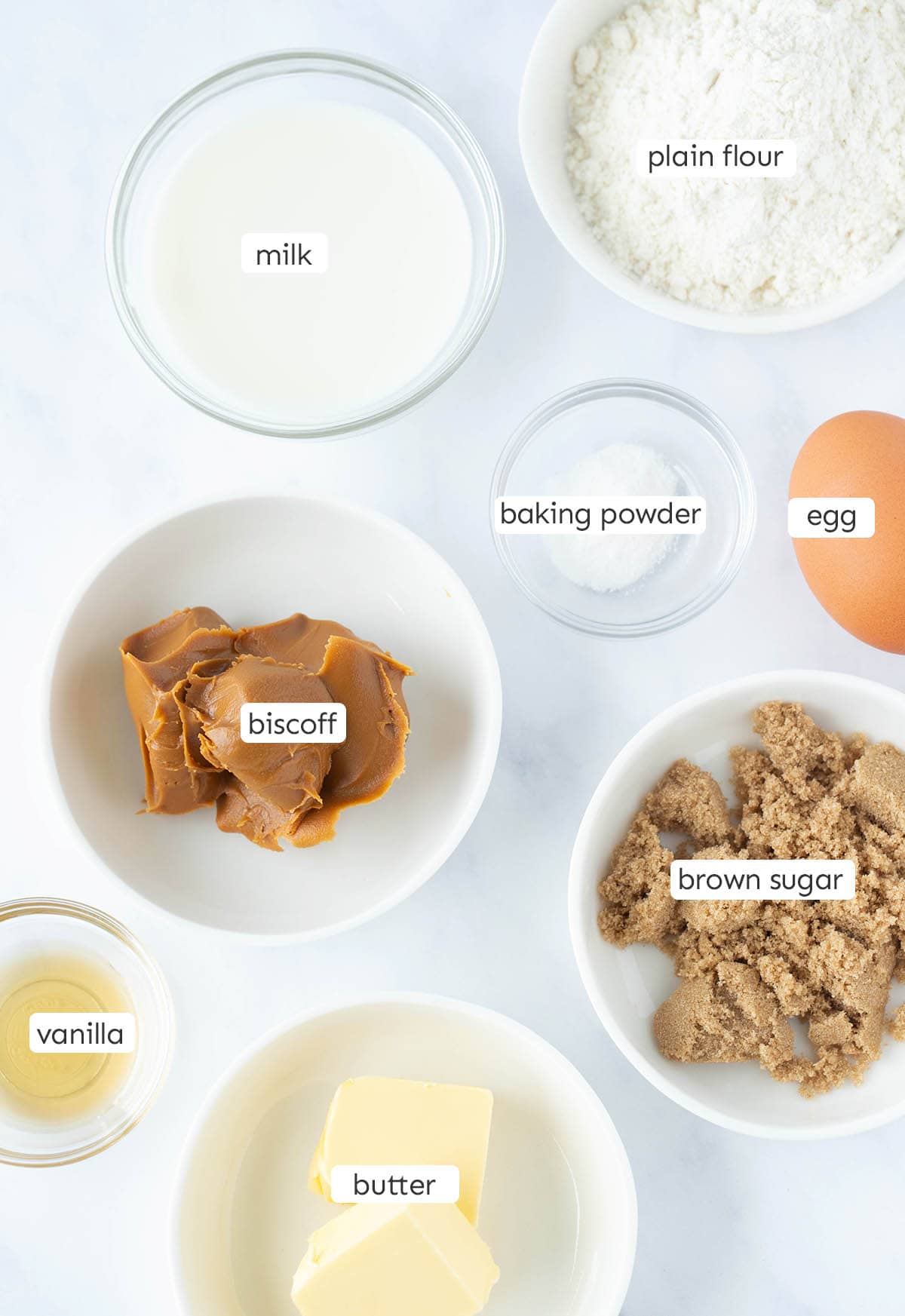 All the ingredients needed to make Biscoff Mug Cake from scratch.