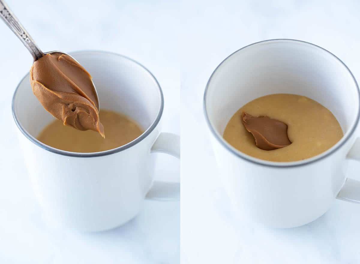 Two mugs showing how to make a Biscoff Mug Cake from scratch.
