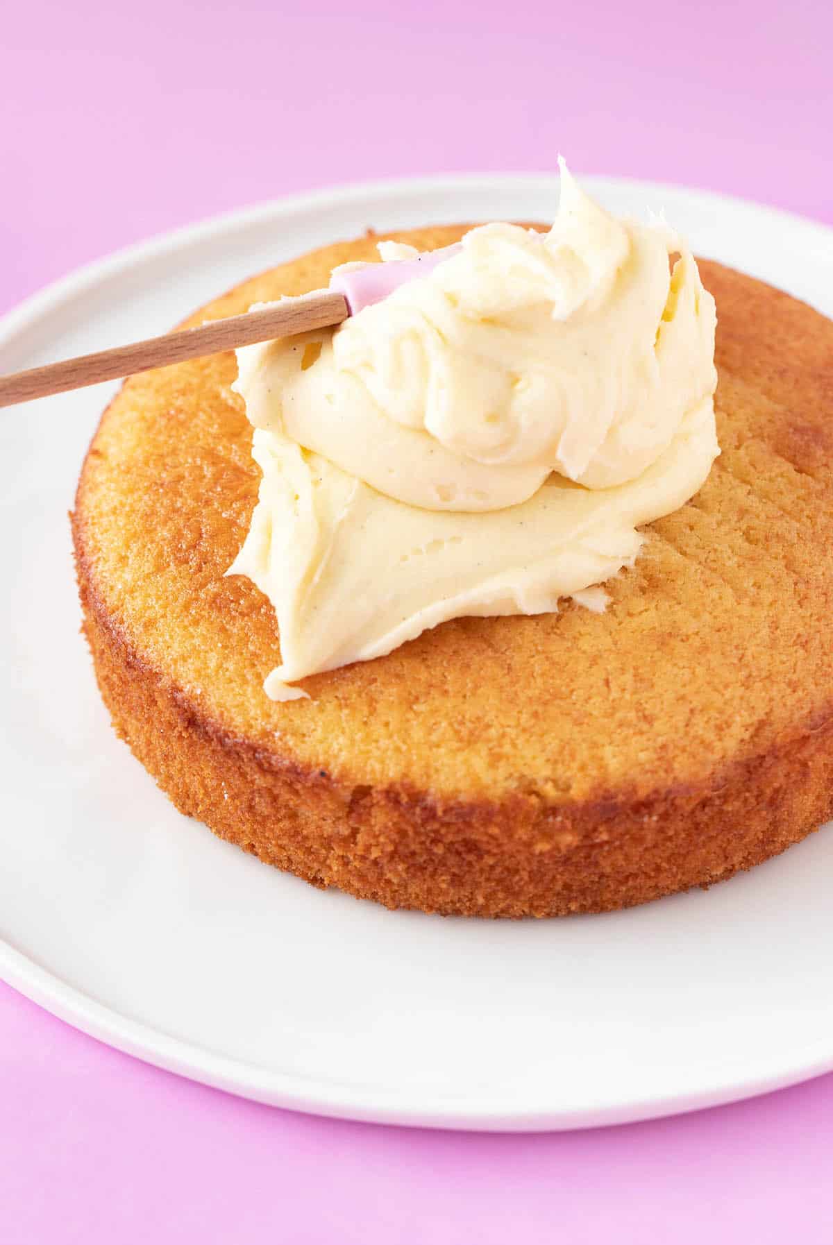 Small Vanilla Cake topped with creamy vanilla buttercream.
