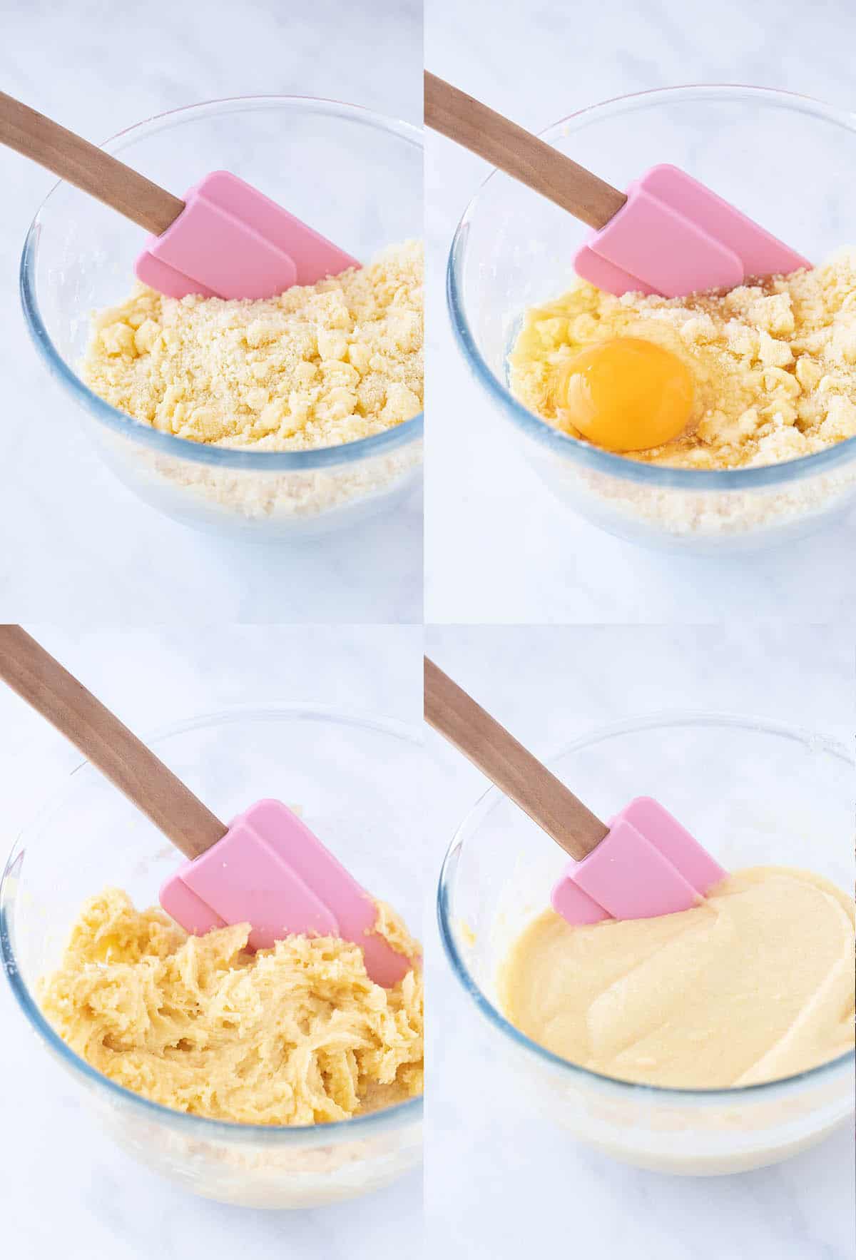A photo collage showing how to make a vanilla cake from scratch using the reverse creaming method.