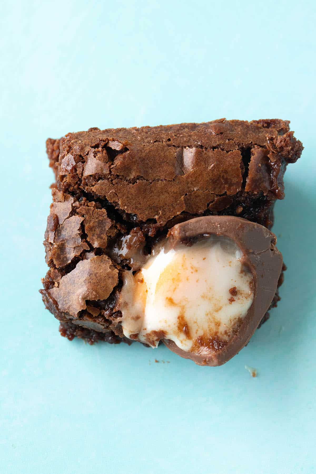 Close up of a gooey Creme egg brownie on a blouse background 