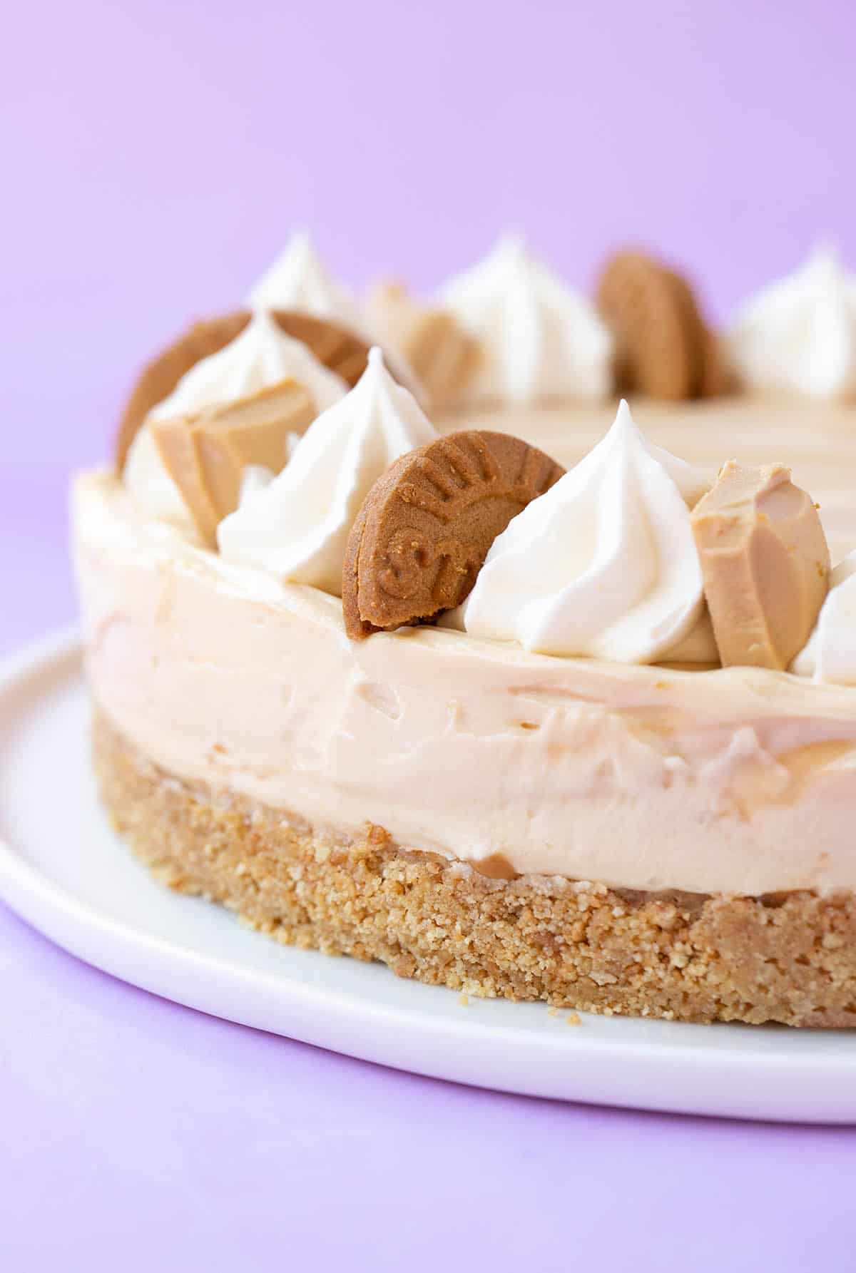Close up of a beautifully decorated Caramilk Cheesecake on a purple background.