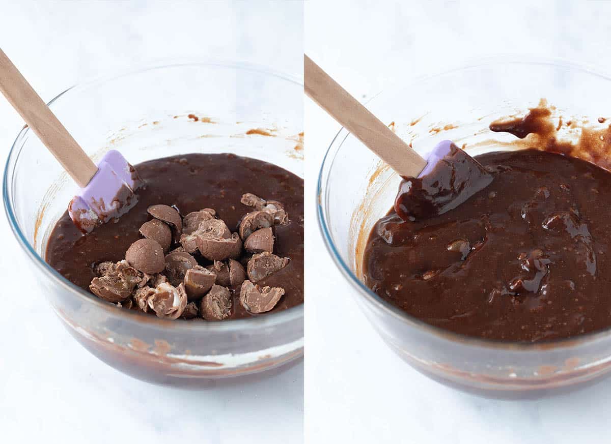Step by step photos showing how to make creme egg brownies from scratch.