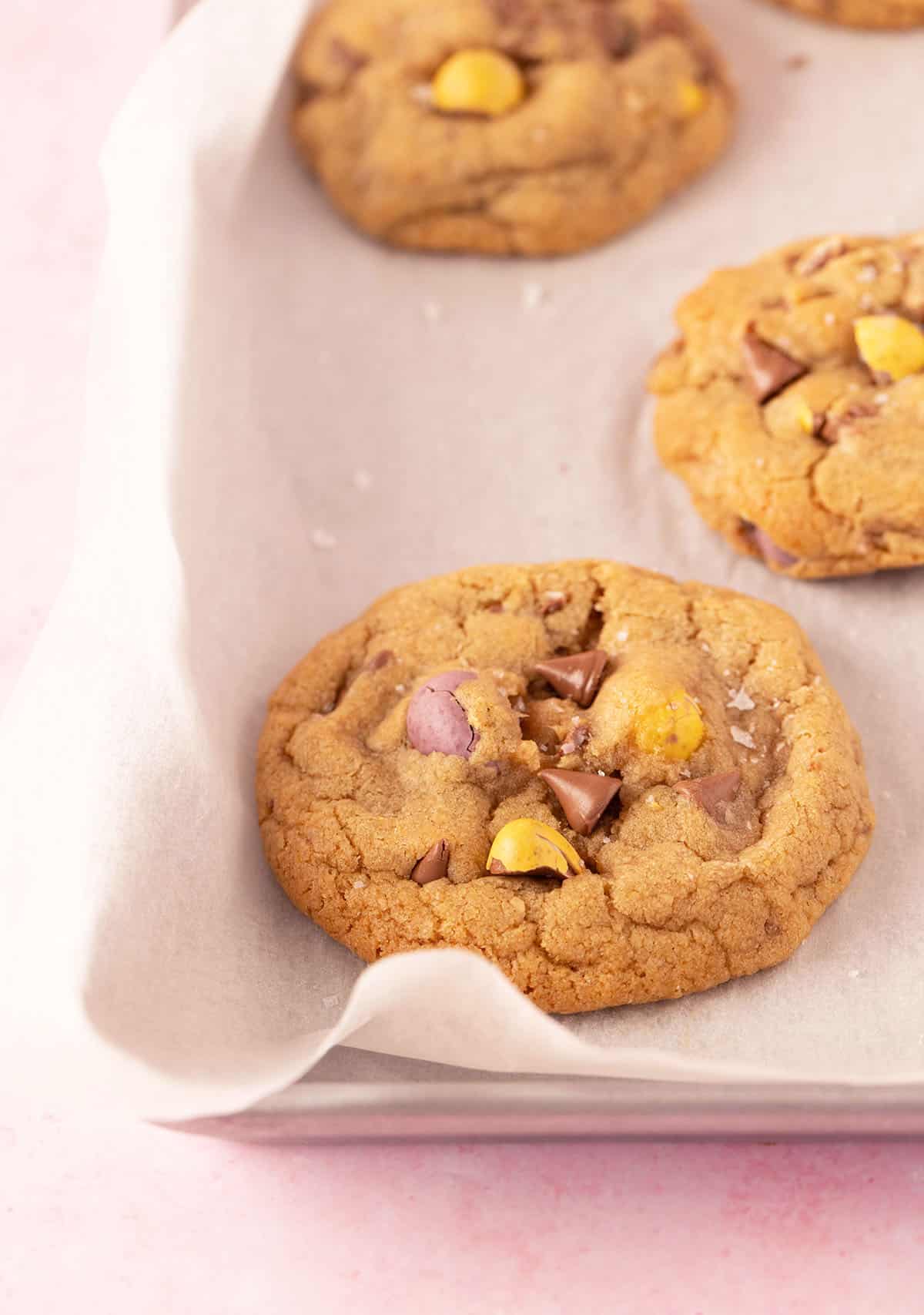 Close up of a beautiful Mini Egg Cookie on a baking tray. 