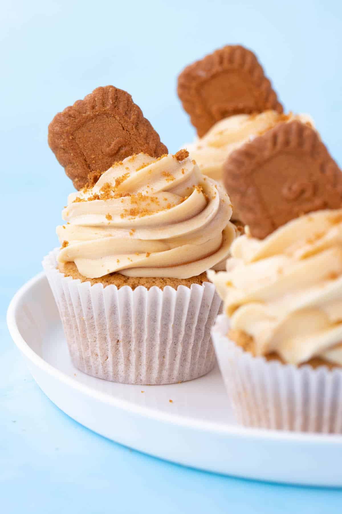 A plate of Biscoff Cupcakes decorated with Lotus cookies.
