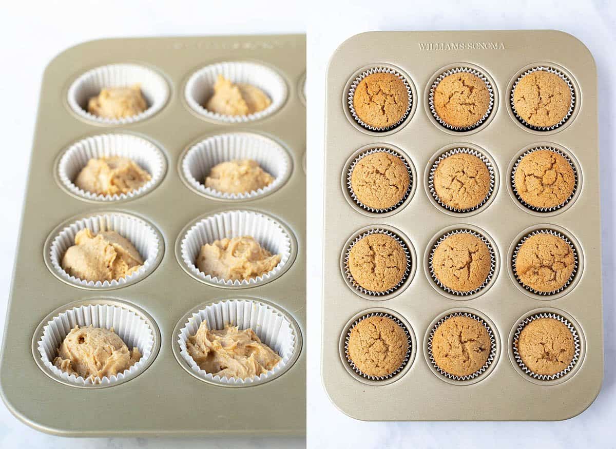 Step by step photos showing up to scoop and bake Biscoff Cupcakes.