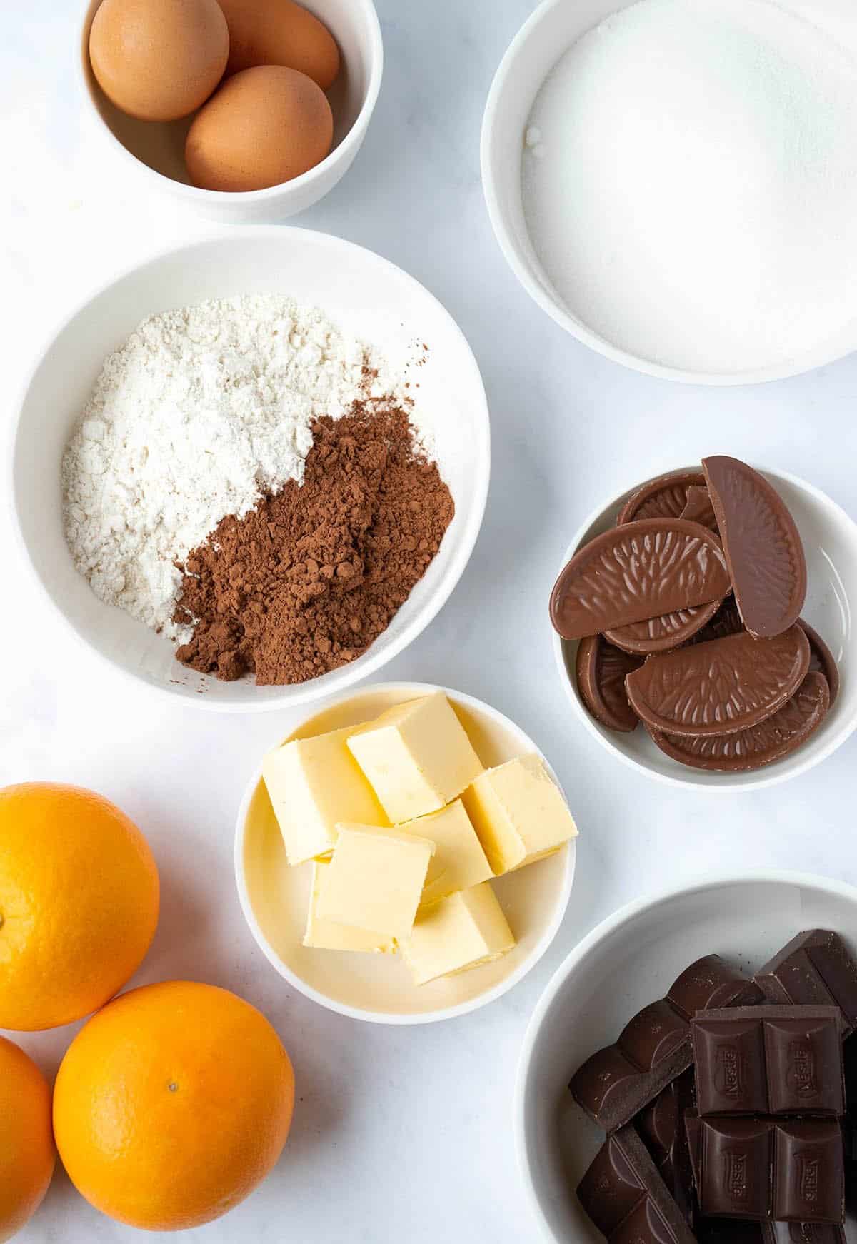 All the ingredients needed to make Chocolate Orange Brownies.