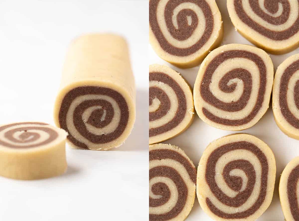 Photo tutorial showing how to slice and bake pinwheel cookies.