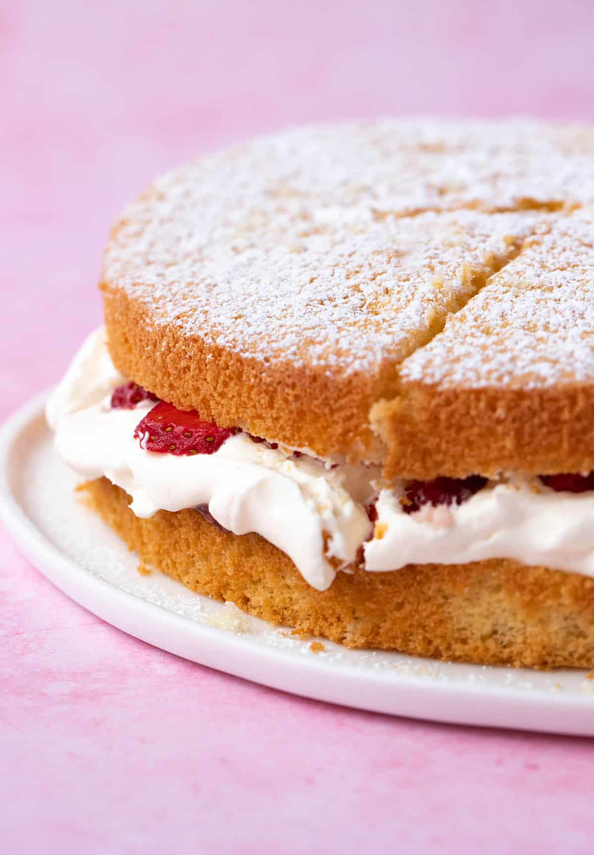 A layered sponge cake filled with cream and dusted with icing sugar on a pink background.