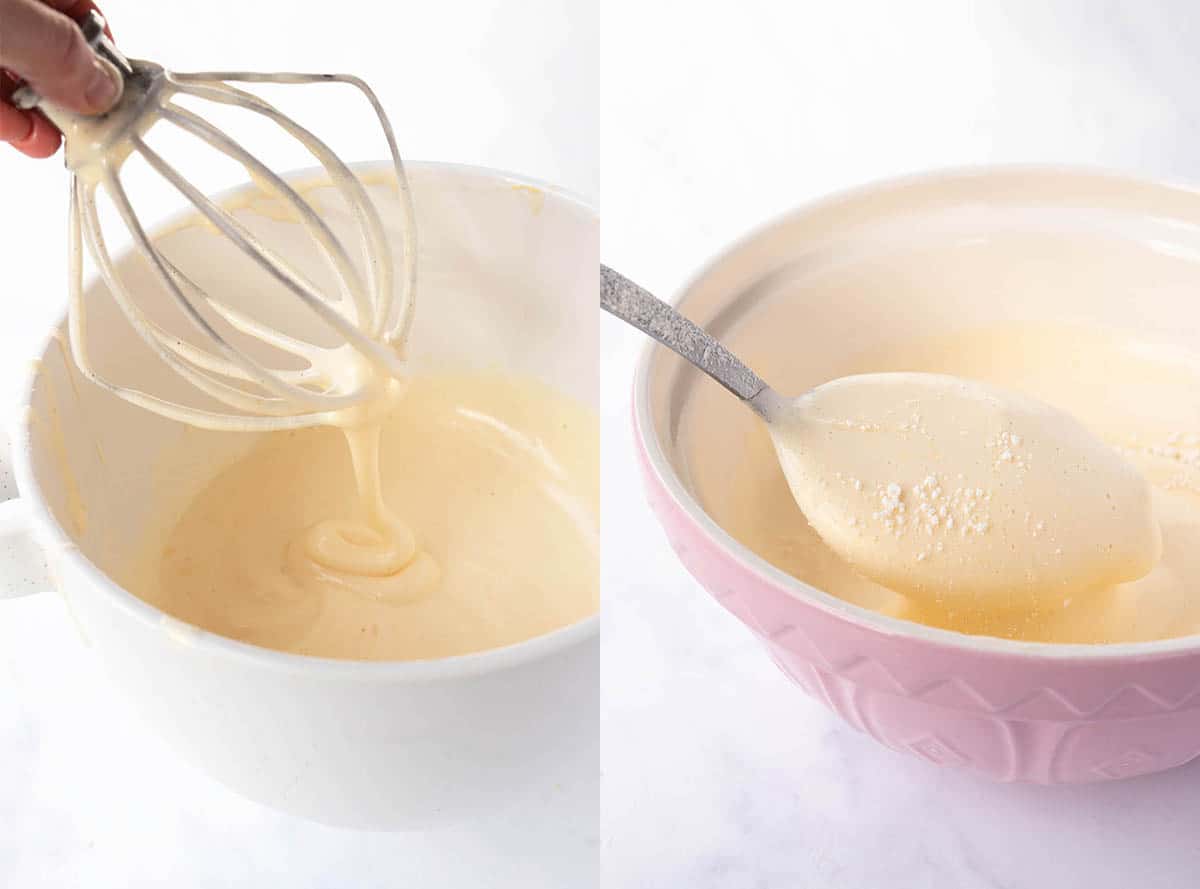 Photo tutorial showing how to whisk eggs to ribbon stage.