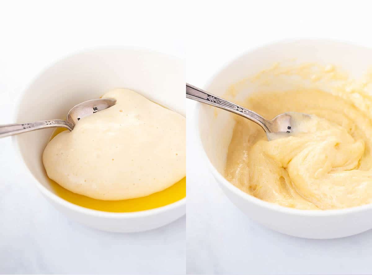 Photo tutorial showing how to mix melted butter into cake batter.