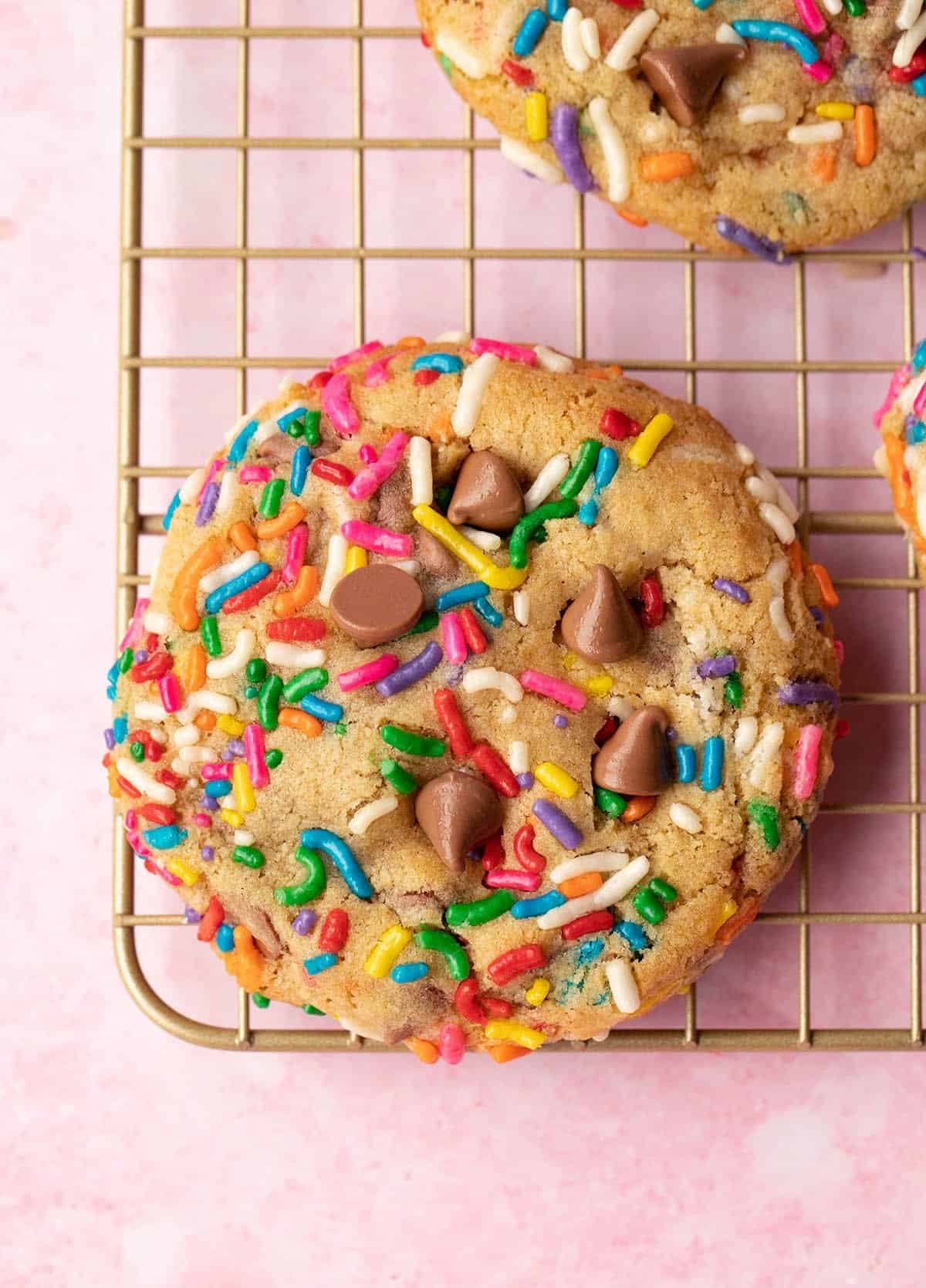 Close up of a funfetti cookie sitting on a gold wire rack. 
